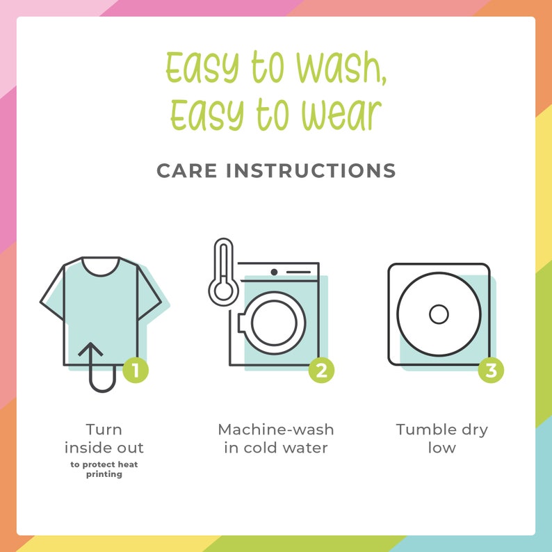 Puede incluir: Gr&aacute;fico de instrucciones de cuidado de la ropa con el texto "F&aacute;cil de lavar, f&aacute;cil de llevar". Incluye ilustraciones para voltear una prenda, lavar a m&aacute;quina con agua fr&iacute;a y secar en secadora a baja temperatura.