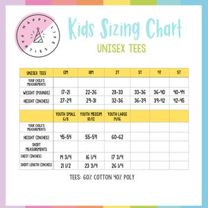 May include: A yellow and white chart with the title "Kids Sizing Chart" and the text "Unisex Tees". The chart shows sizes for children's clothing, including weight and height measurements in pounds and inches, and chest and shirt length measurements in inches.