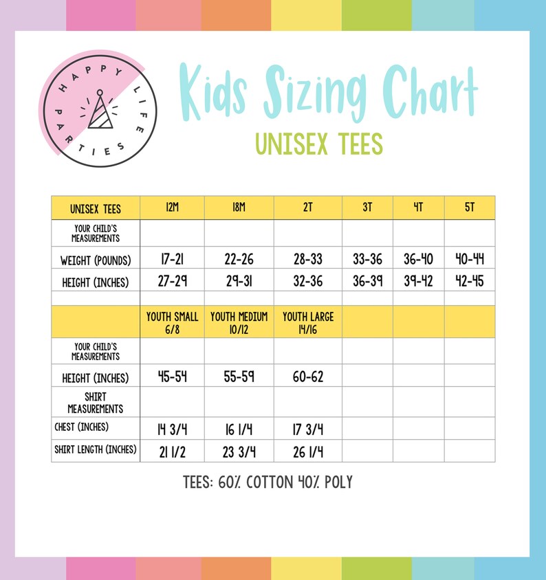 May include: A yellow and white chart with the title "Kids Sizing Chart" and the text "Unisex Tees". The chart shows sizes for children's clothing, including weight and height measurements in pounds and inches, and chest and shirt length measurements in inches.