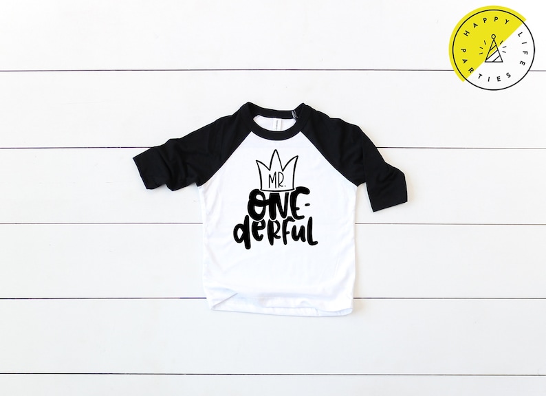 May include: A white and black baseball tee shirt with a black crown and the text "Mr. One-derful" on the front.