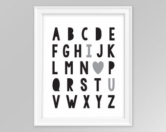 Printable monochorome alphabet print, Alphabet I love you print, Nursery Print, I heart you, black and white printable, INSTANT DOWNLOAD