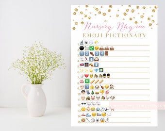 Nursery Rhyme Quiz, Emoji Pictionary printable game, Gold pink baby shower game, gold confetti, baby book game, INSTANT DOWNLOAD 008