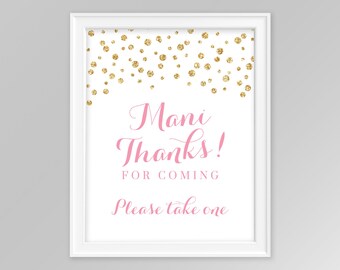 Printable Mani Thanks Pick your Polish sign, 8x10 glitter confetti sign, pink and gold sign, nail polish favor sign, customizable sign, 008