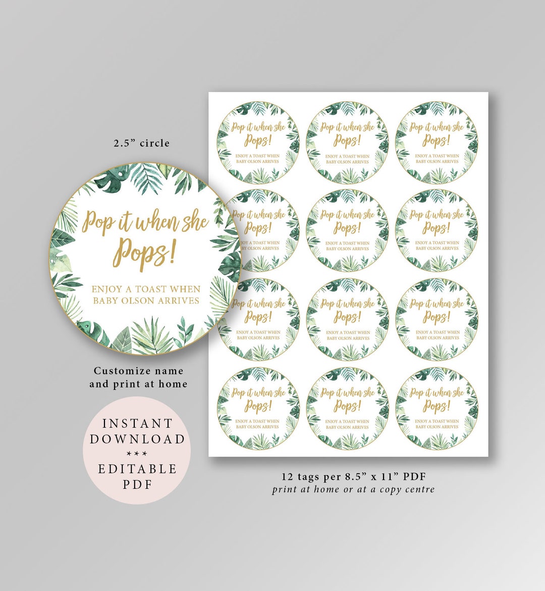 Pop It When She Pops Printable Tags, 2.5 Circle Favor Tags, Tropical ...
