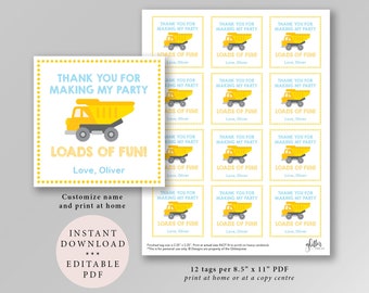 Dump Truck Favor Tags, Loads of Fun, Construction Themed Party, Custom Favor Tags, Birthday Favour Tags, editable printable PDF file