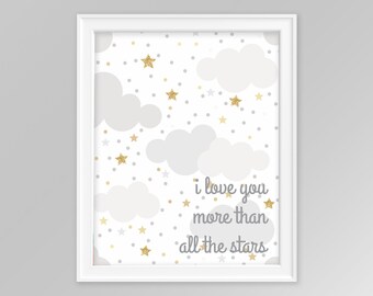 I love you more than all the stars print, monochrome star nursery print, white gray grey gold glitter, INSTANT DOWNLOAD