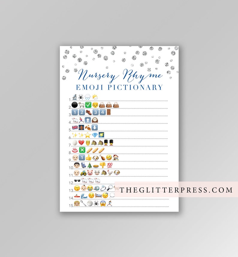Nursery Rhyme Quiz Emoji Pictionary Printable Game Silver | Etsy