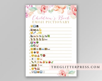 Floral Baby shower game, Children's Book Emoji Pictionary printable, floral watercolor, downloadable shower game, INSTANT DOWNLOAD 003