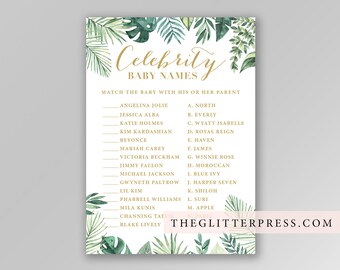Celebrity Baby Name Game printable, Green gold white baby shower game, tropical palm leaves, baby name game, INSTANT DOWNLOAD, 004