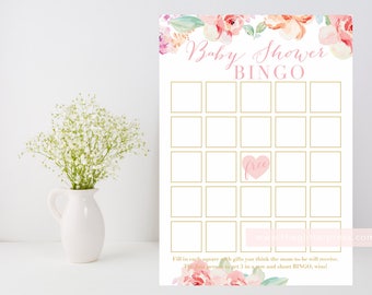 Baby Shower Bingo Printable, Floral watercolor shower game downloadable, Blush pastel floral, DIY, INSTANT DOWNLOAD, 003