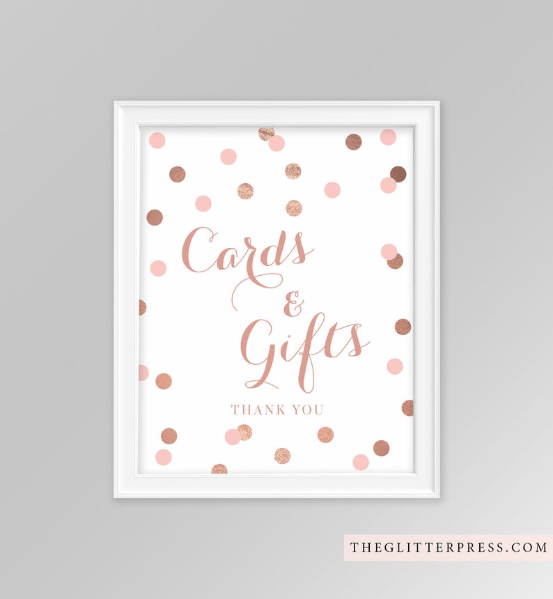 Printable Cards and Gifts sign, 8x10 blush and rose gold glitter confetti sign, card and gifts shower sign, customizable sign, 005 image 1