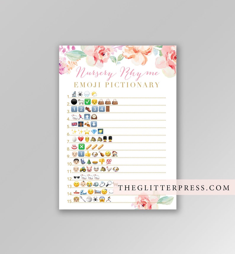 Floral Baby shower game, Nursery Rhyme Emoji Pictionary printable, floral watercolor, downloadable shower game, INSTANT DOWNLOAD 003 image 1