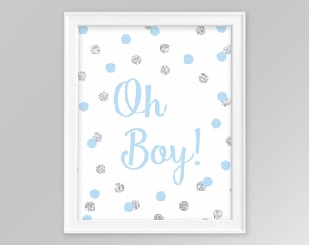 Silver and blue confetti baby shower, Oh Boy printable sign, 8x10 glitter confetti sign, downloadable file, baby boy shower decor, 010