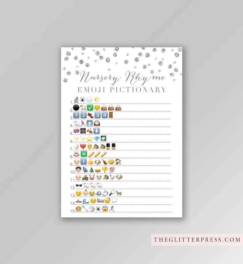 Nursery Rhyme Quiz Emoji Pictionary Printable Game Silver | Etsy