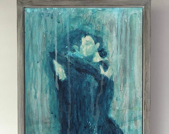 Acrylic Original Painting   " Blue rain "    With handmade frame     by Tetsuhiro Wakabayashi