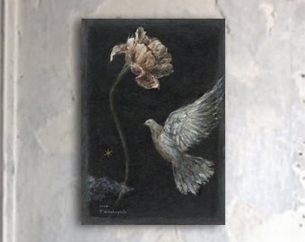 Acrylic Original Painting  "Flower, Star, Bird"   On wood panel   by Tetsuhiro Wakabayashi