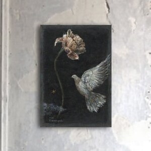 Acrylic Original Painting Flower, Star, Bird On wood panel by Tetsuhiro Wakabayashi image 1