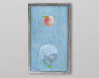 Acrylic Original Painting  "Imagine a peach"   With handmade frame   by Tetsuhiro Wakabayashi