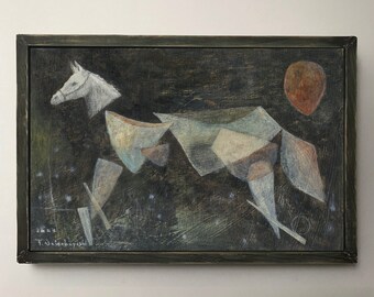 Acrylic Original Painting   " Horse and Sun "    With handmade frame   by Tetsuhiro Wakabayashi