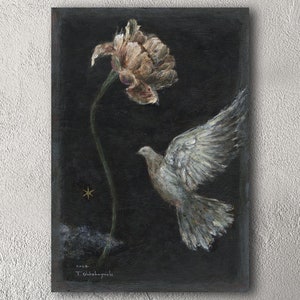 Acrylic Original Painting Flower, Star, Bird On wood panel by Tetsuhiro Wakabayashi image 2