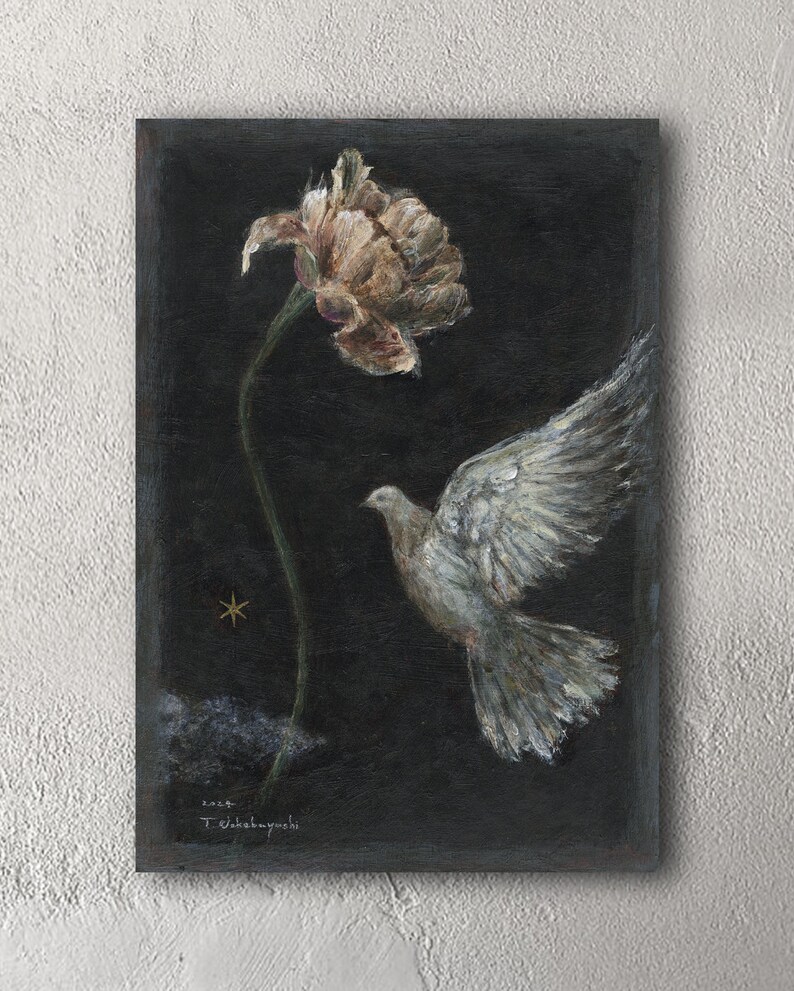 Acrylic Original Painting Flower, Star, Bird On wood panel by Tetsuhiro Wakabayashi image 2