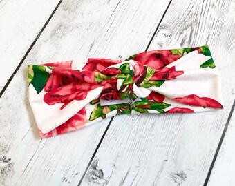 Red Pink Roses Headwrap, White Women’s Headband, Running, Valentine’s Day, Turban, Knot, Dance, Fitness, Top Knot, Gift, Women’s Headwrap