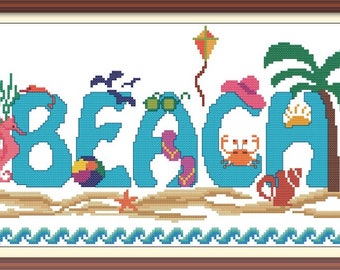 Beach Cross Stitch Pattern PDF Chart Beach Font Pattern Summer Beach Scene