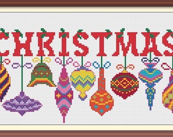Christmas Cross Stitch Pattern PDF Chart Colorful Christmas Font Christmas Ornaments Instant Download