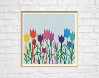 Tulips Modern Cross Stitch Pattern PDF Chart Silhouette Cross Stitch Colorful Design