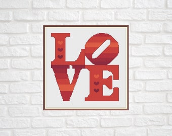 Love with Hearts in Red Modern Cross Stitch Pattern PDF Chart Instant Download