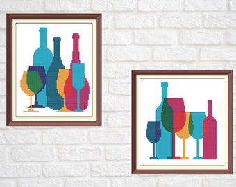 Bottles and Glasses Set Modern Cross Stitch Pattern PDF Chart Instant Download Colorful Cross Stitch Design