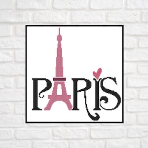 Patrón de punto de cruz contado de la Torre Eiffel Gráfico PDF Descarga instantánea Patrón de silueta negra