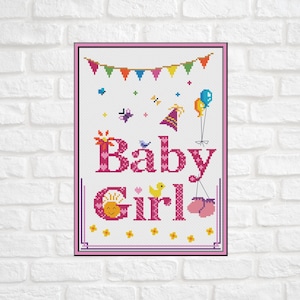 Bébé fille carte de voeux bienvenue bébé fille félicitations nouveau bébé fille carte moderne point de croix motif PDF graphique