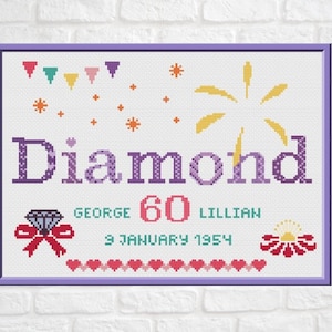 60e huwelijksverjaardag Cross Stitch patroon aanpasbare digitale PDF-grafiek Diamond Wedding