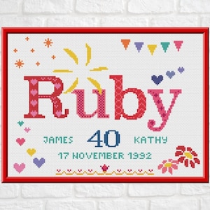 Regalo di anniversario di rubino personalizzabile a punto croce per il 40° anniversario di matrimonio Grafico PDF digitale Biglietto di nozze personalizzato
