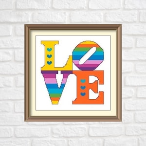 Love with Hearts in Rainbow Colors Modern Cross Stitch Pattern PDF Chart Instant Download