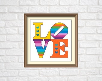 Love with Hearts in Rainbow Colors Modern Cross Stitch Pattern PDF Chart Instant Download