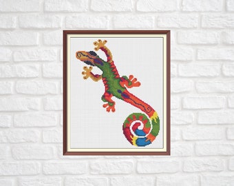 Lézard aux couleurs vives moderne compté Cross Stitch Pattern PDF Chart Téléchargement instantané Design coloré en orange, vert, bleu, jaune