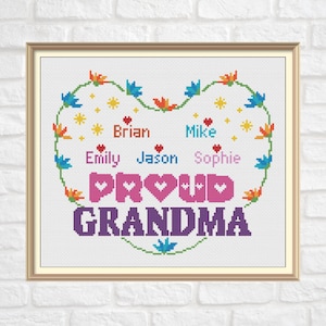 Patrón de punto de cruz "Abuela orgullosa", regalo personalizado para abuela, regalo personalizable con nombre para nietos, gráfico digital en PDF