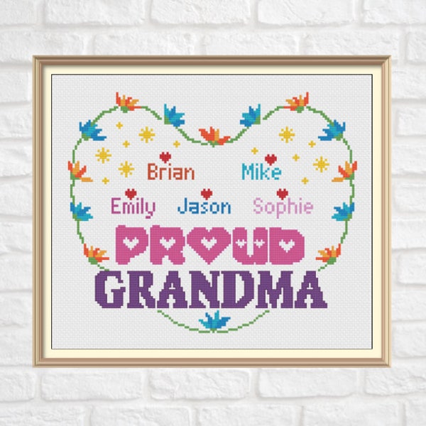 Proud Grandma Cross Stitch Pattern Personalized Gift for Grandmother Customizable Grandchildren Name Gift Digital PDF Chart