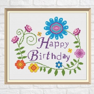 Gráfico PDF con patrón de punto de cruz para cumpleaños Descarga instantánea Tarjeta de feliz cumpleaños