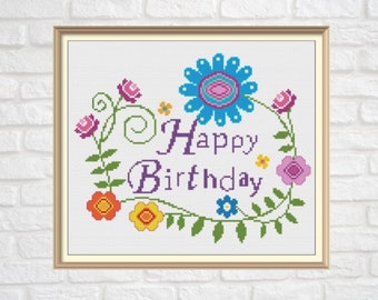 Birthday Cross Stitch Pattern PDF Chart Instant Download Happy Birthday Card