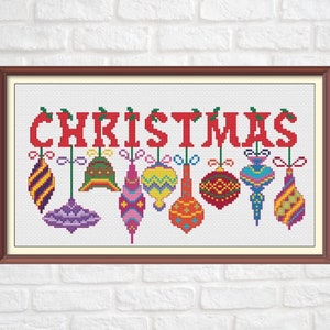 Christmas Cross Stitch Pattern PDF Chart Colorful Christmas Font Christmas Ornaments Instant Download