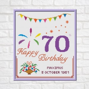 Modèle de point de croix 70e anniversaire, tableau PDF personnalisable, carte de joyeux anniversaire personnalisée