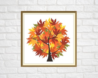 Autumn Tree Modern Cross Stitch Pattern PDF Chart Instant Download Original Design in Fall Colors