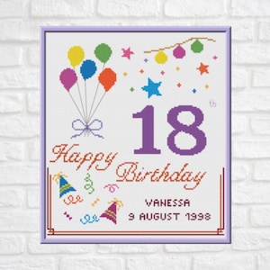 Modèle de point de croix 18e anniversaire, tableau PDF personnalisable, carte de joyeux anniversaire personnalisée