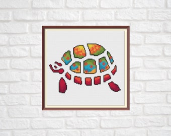 Turtle in Bright Colors Modern Colorful Counted Cross Stitch Pattern PDF Chart Instant Download Original Design in Red, Orange, Blue, Green