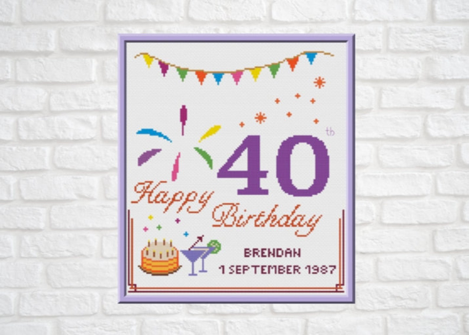 40th Birthday Cross Stitch Pattern Customizable PDF Chart Personalized