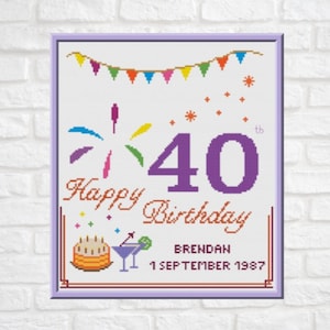 40. Geburtstag Kreuzstich Muster Personalisierbar PDF Chart Personalisierte alles Gute zum Geburtstagkarte