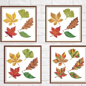 Leaves Modern Cross Stitch Pattern PDF Chart Set of 4 Autumn Leaves Designs